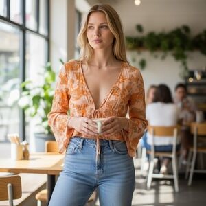 Cider Top Blouse XS Floral‎ Print Tie Front Long Sleeve Orange Gray